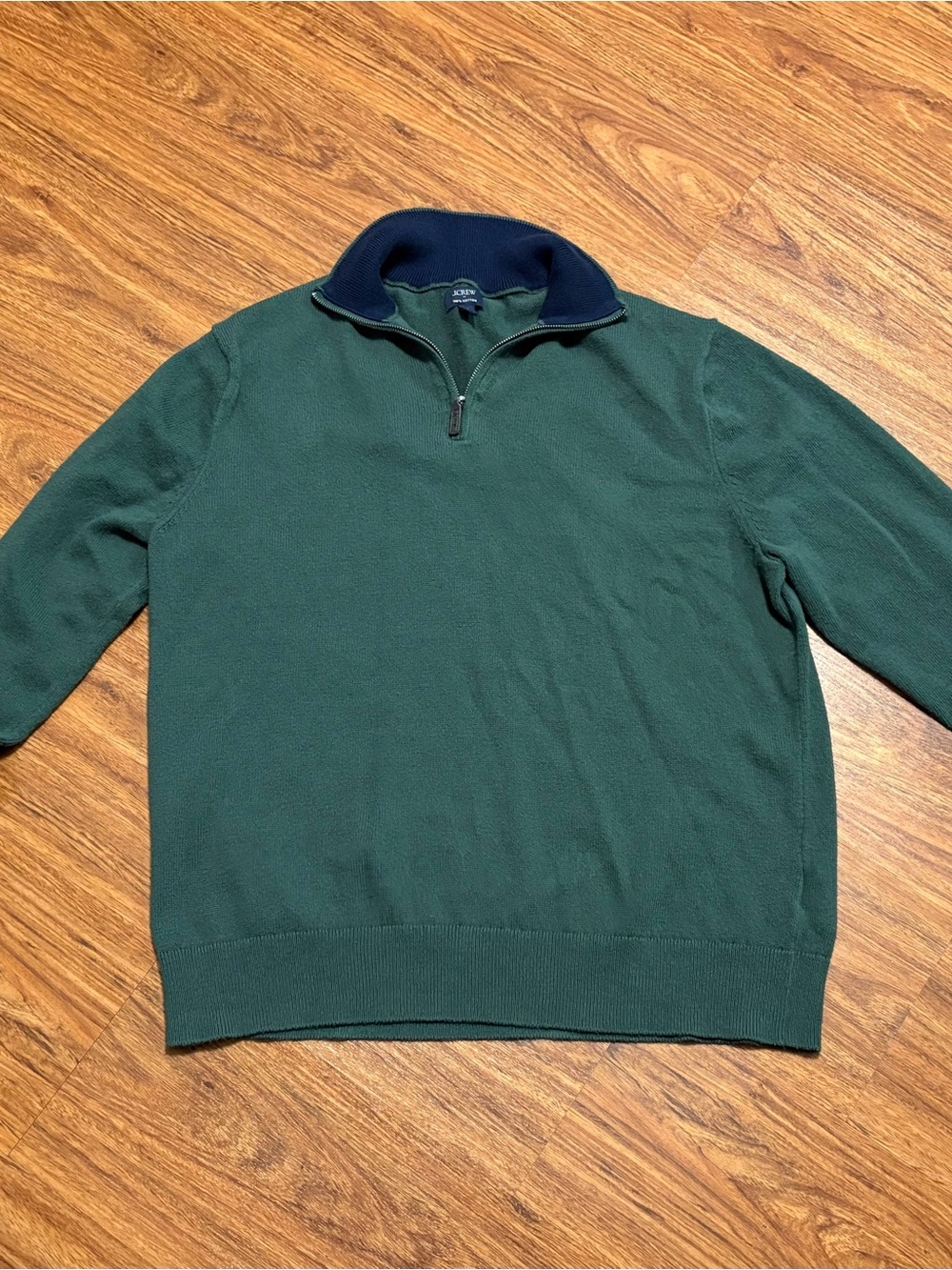 J. Crew Men's Green Quarter-Zip Pullover Sweater with Navy Collar - Men’s XL